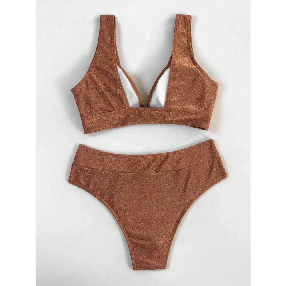 SweatyRocks Women's Rust Brown Solid V Neck High Waist Bikini Set Summer M